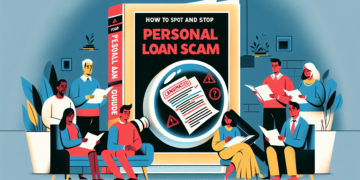 An illustrated group of diverse people reading various papers and discussing around an enlarged book titled "How to Spot and Stop Personal Loan Scam". The book cover has a magnifying glass over a document marked "Scammed!" with warning icons. | TraceLoans