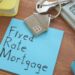 A desk with a blue sticky note labeled "Fixed-Rate Mortgage." Nearby are house keys on a keychain shaped like a house, a stack of hundred-dollar bills, a pen, a stapler, and a few notebooks. | TraceLoans