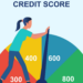 Illustration of a person pushing the indicator on a credit score dial. The dial ranges from 300 (red) to 800 (green). The indicator is positioned in the yellow zone at 400, indicating a poor credit score. The words "CREDIT SCORE" are prominently displayed at the top. | TraceLoans