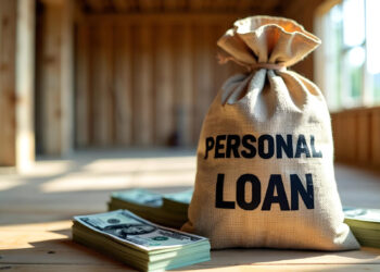 A burlap sack labeled "PERSONAL LOAN" sits on the floor of a partially constructed wooden house. Surrounding the sack are stacks of U.S. dollar bills, suggesting a loan or financial support for home construction from TraceLoans.com Personal Loans. Sunlight streams through the windows. | TraceLoans