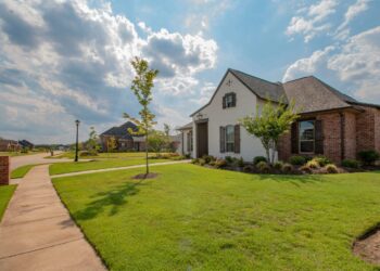 A suburban neighborhood with single-family homes, well-kept lawns, trees, and a curved sidewalk on a sunny day with partly cloudy skies. | TraceLoans